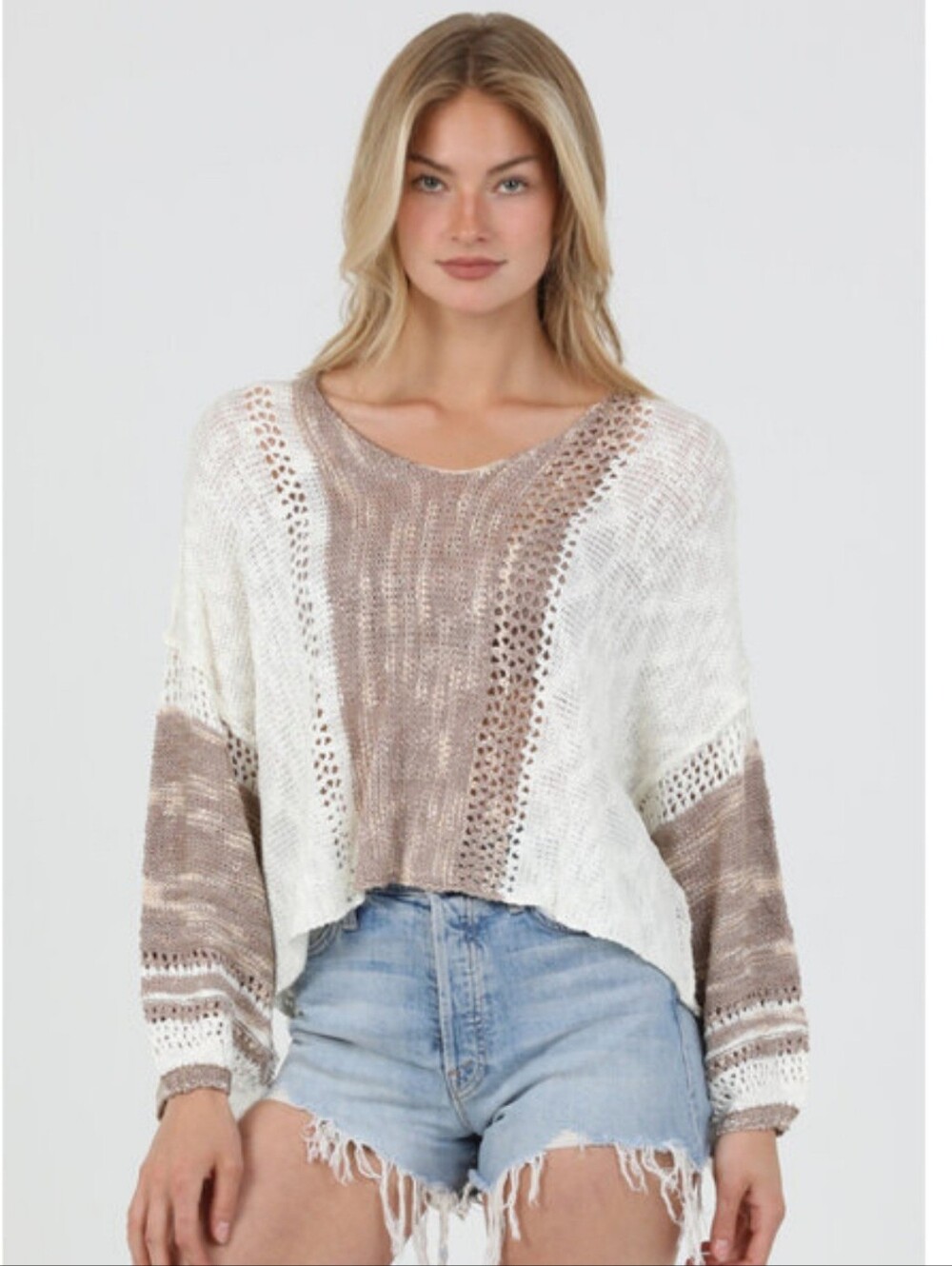 Angie Boutique Kelsey Lightweight Cream & Taupe Knit Crop Sweater Casual V-Neck - Picture 2 of 7